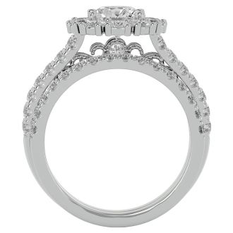 Moissanite Engagement Ring; 2 1/2 Carat Moissanite Bridal Set In 14 Karat White Gold