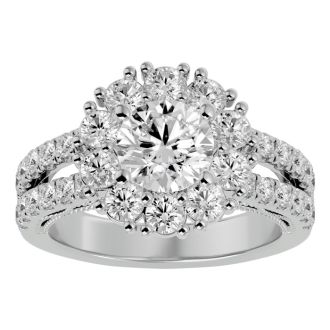 Moissanite Engagement Ring; 3 Carat Moissanite Halo Engagement Ring In 14 Karat White Gold
