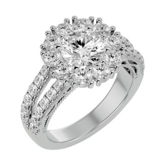 Moissanite Engagement Ring; 3 Carat Moissanite Halo Engagement Ring In 14 Karat White Gold