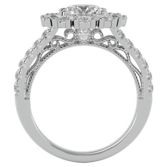 Moissanite Engagement Ring; 3 Carat Moissanite Halo Engagement Ring In 14 Karat White Gold