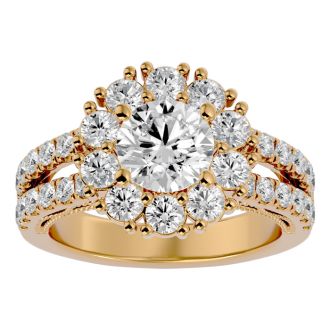 Moissanite Engagement Ring; 3 Carat Moissanite Halo Engagement Ring In 14 Karat Yellow Gold