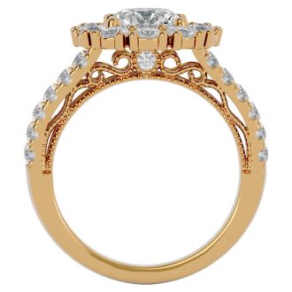 Moissanite Engagement Ring; 3 Carat Moissanite Halo Engagement Ring In 14 Karat Yellow Gold