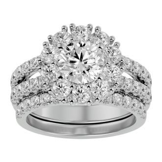 Moissanite Engagement Ring; 3 1/2 Carat Moissanite Bridal Set In 14 Karat White Gold