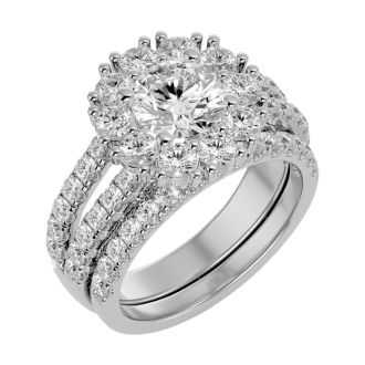 Moissanite Engagement Ring; 3 1/2 Carat Moissanite Bridal Set In 14 Karat White Gold