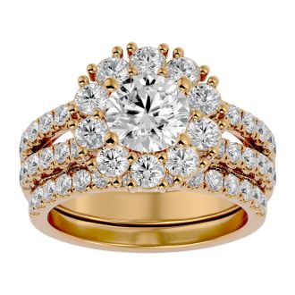 Moissanite Engagement Ring; 3 1/2 Carat Moissanite Bridal Set In 14 Karat Yellow Gold