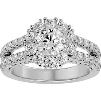 Moissanite Engagement Ring; 4 Carat Moissanite Halo Engagement Ring In 14 Karat White Gold