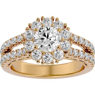 Moissanite Engagement Ring; 4 Carat Moissanite Halo Engagement Ring In 14 Karat Yellow Gold