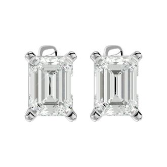 2 Carat Emerald Shape Moissanite Stud Earrings In 14 Karat White Gold