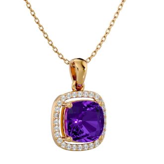 2 1/4 Carat Cushion Cut Amethyst and Halo Diamond Necklace In 14 Karat Yellow Gold, 18 Inches