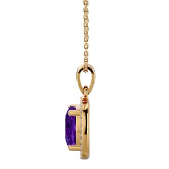 2 1/4 Carat Cushion Cut Amethyst and Halo Diamond Necklace In 14 Karat Yellow Gold, 18 Inches