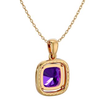 2 1/4 Carat Cushion Cut Amethyst and Halo Diamond Necklace In 14 Karat Yellow Gold, 18 Inches