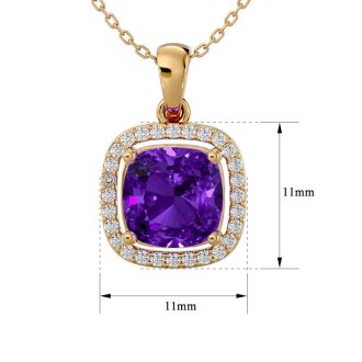 2 1/4 Carat Cushion Cut Amethyst and Halo Diamond Necklace In 14 Karat Yellow Gold, 18 Inches