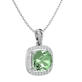 2 1/4 Carat Cushion Cut Green Amethyst and Halo Diamond Necklace In 14 Karat White Gold, 18 Inches