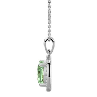 2 1/4 Carat Cushion Cut Green Amethyst and Halo Diamond Necklace In 14 Karat White Gold, 18 Inches