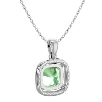 2 1/4 Carat Cushion Cut Green Amethyst and Halo Diamond Necklace In 14 Karat White Gold, 18 Inches