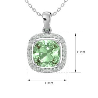 2 1/4 Carat Cushion Cut Green Amethyst and Halo Diamond Necklace In 14 Karat White Gold, 18 Inches