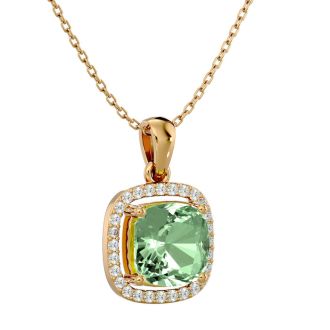 2 1/4 Carat Cushion Cut Green Amethyst and Halo Diamond Necklace In 14 Karat Yellow Gold, 18 Inches