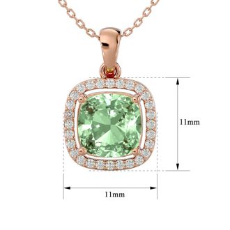 2 1/4 Carat Cushion Cut Green Amethyst and Halo Diamond Necklace In 14 Karat Rose Gold, 18 Inches
