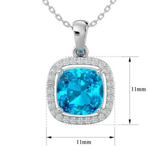 2 3/4 Carat Cushion Cut Blue Topaz and Halo Diamond Necklace In 14 Karat White Gold, 18 Inches