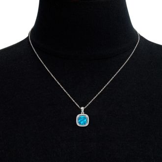 2 3/4 Carat Cushion Cut Blue Topaz and Halo Diamond Necklace In 14 Karat White Gold, 18 Inches