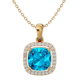 2 3/4 Carat Cushion Cut Blue Topaz and Halo Diamond Necklace In 14 Karat Yellow Gold, 18 Inches