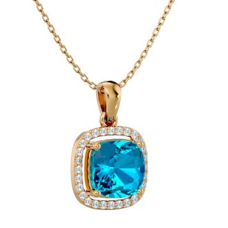 2 3/4 Carat Cushion Cut Blue Topaz and Halo Diamond Necklace In 14 Karat Yellow Gold, 18 Inches