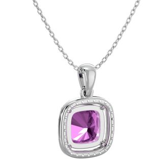 2 3/4 Carat Cushion Cut Pink Topaz and Halo Diamond Necklace In 14 Karat White Gold, 18 Inches