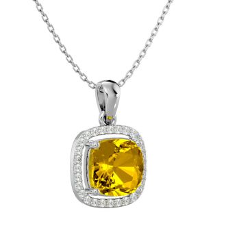 2 1/4 Carat Cushion Cut Citrine and Halo Diamond Necklace In 14 Karat White Gold, 18 Inches