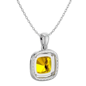 2 1/4 Carat Cushion Cut Citrine and Halo Diamond Necklace In 14 Karat White Gold, 18 Inches