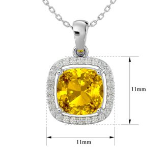 2 1/4 Carat Cushion Cut Citrine and Halo Diamond Necklace In 14 Karat White Gold, 18 Inches