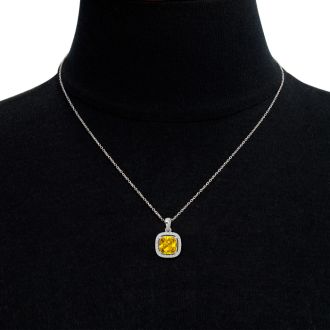 2 1/4 Carat Cushion Cut Citrine and Halo Diamond Necklace In 14 Karat White Gold, 18 Inches