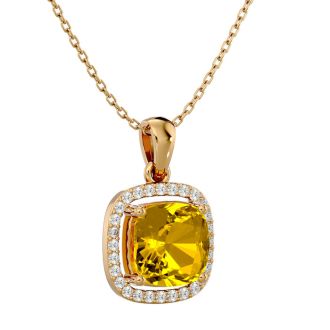 2 1/4 Carat Cushion Cut Citrine and Halo Diamond Necklace In 14 Karat Yellow Gold, 18 Inches