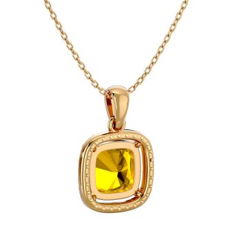 2 1/4 Carat Cushion Cut Citrine and Halo Diamond Necklace In 14 Karat Yellow Gold, 18 Inches