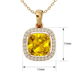 2 1/4 Carat Cushion Cut Citrine and Halo Diamond Necklace In 14 Karat Yellow Gold, 18 Inches