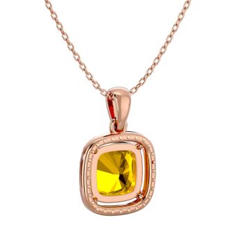 2 1/4 Carat Cushion Cut Citrine and Halo Diamond Necklace In 14 Karat Rose Gold, 18 Inches