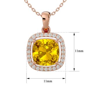 2 1/4 Carat Cushion Cut Citrine and Halo Diamond Necklace In 14 Karat Rose Gold, 18 Inches