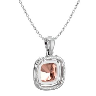 3-1/4 Carat Cushion Shape Morganite With Diamond Halo In 14 Karat White Gold With 18 Inch Chain