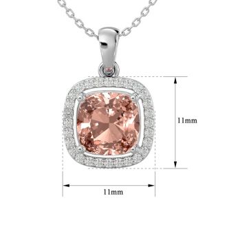 3-1/4 Carat Cushion Shape Morganite With Diamond Halo In 14 Karat White Gold With 18 Inch Chain