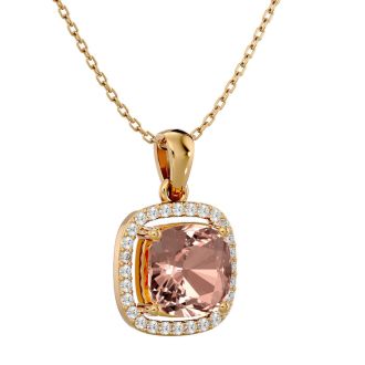 3-1/4 Carat Cushion Shape Morganite With Diamond Halo In 14 Karat Yellow Gold With 18 Inch Chain