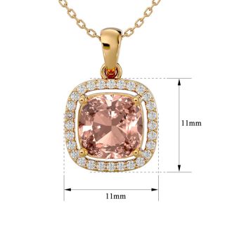 3-1/4 Carat Cushion Shape Morganite With Diamond Halo In 14 Karat Yellow Gold With 18 Inch Chain