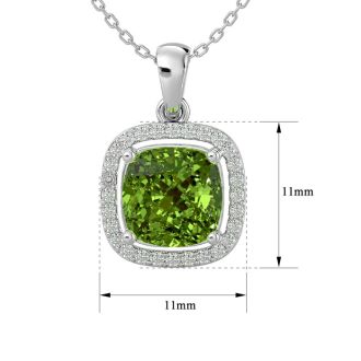 2 3/4 Carat Cushion Cut Peridot and Halo Diamond Necklace In 14 Karat White Gold, 18 Inches