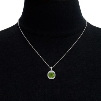 2 3/4 Carat Cushion Cut Peridot and Halo Diamond Necklace In 14 Karat White Gold, 18 Inches