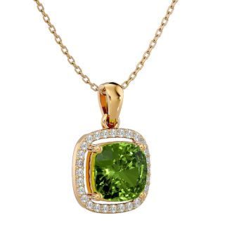 2 3/4 Carat Cushion Cut Peridot and Halo Diamond Necklace In 14 Karat Yellow Gold, 18 Inches