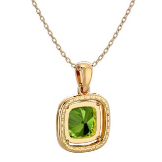 2 3/4 Carat Cushion Cut Peridot and Halo Diamond Necklace In 14 Karat Yellow Gold, 18 Inches