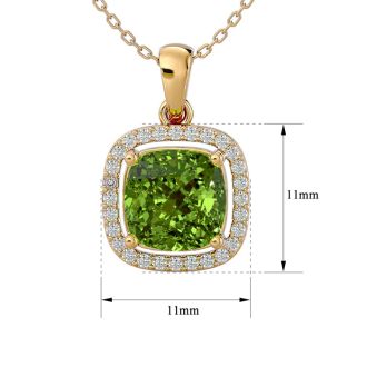 2 3/4 Carat Cushion Cut Peridot and Halo Diamond Necklace In 14 Karat Yellow Gold, 18 Inches