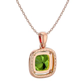 2 3/4 Carat Cushion Cut Peridot and Halo Diamond Necklace In 14 Karat Rose Gold, 18 Inches
