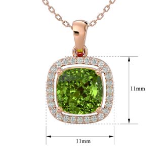 2 3/4 Carat Cushion Cut Peridot and Halo Diamond Necklace In 14 Karat Rose Gold, 18 Inches