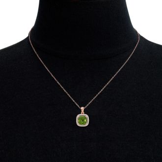 2 3/4 Carat Cushion Cut Peridot and Halo Diamond Necklace In 14 Karat Rose Gold, 18 Inches