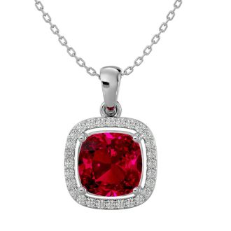 3 1/4 Carat Cushion Cut Ruby and Halo Diamond Necklace In 14 Karat White Gold, 18 Inches
