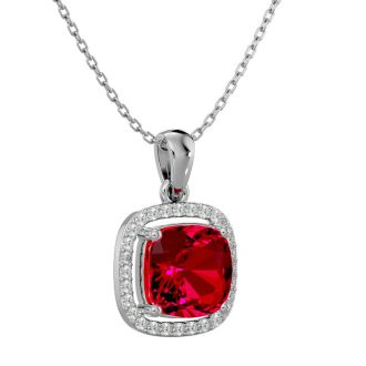 3 1/4 Carat Cushion Cut Ruby and Halo Diamond Necklace In 14 Karat White Gold, 18 Inches
